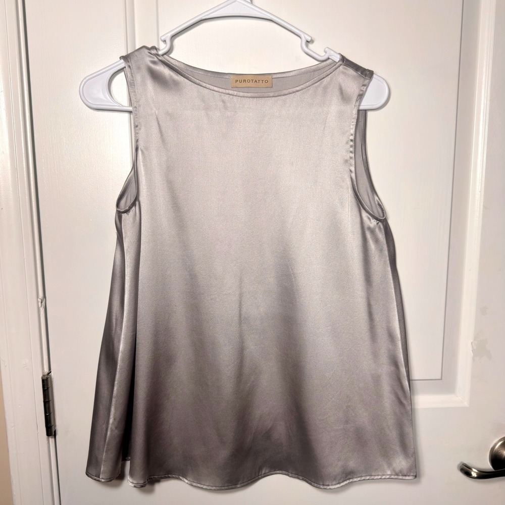 Purotatto Silk Blend Sleeveless Top Silver Grey Satin Boat Neck Italy Size 38